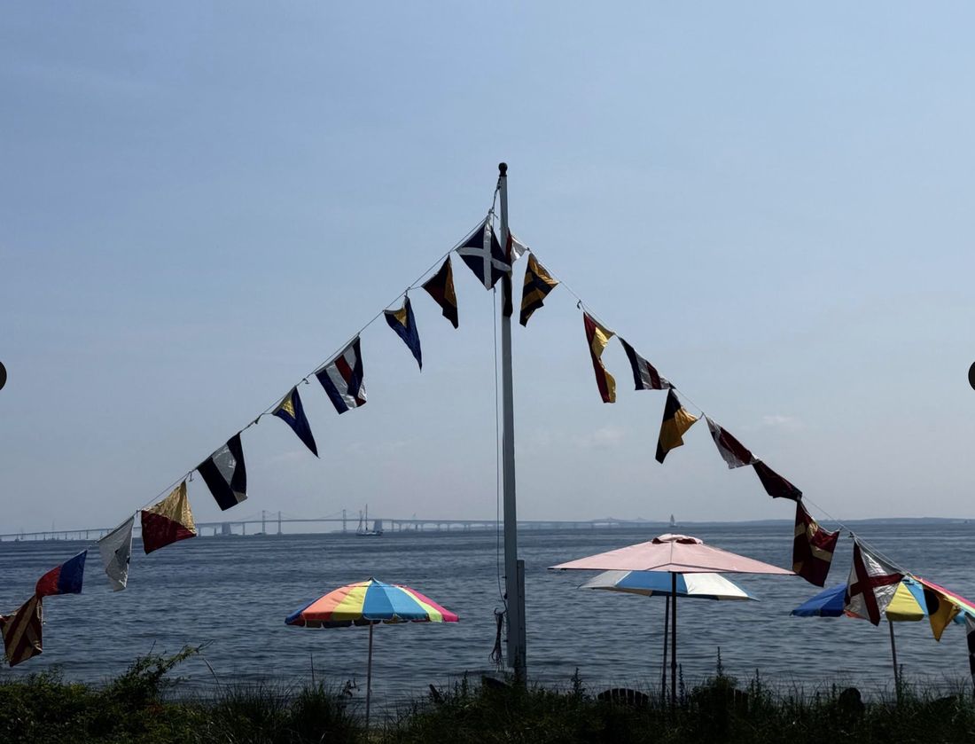 Beach party flags and umbrellas on the Bay Ridge beach
